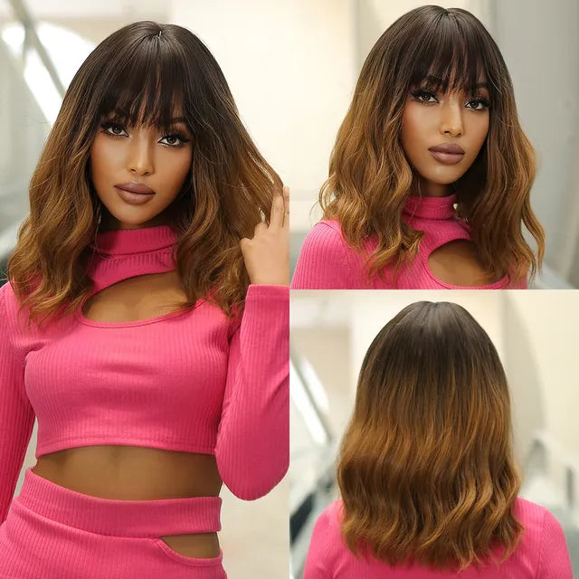 Short Wavy Bob Wigs for Women Dark Brown Bob Natural Synthetic Wig with Bangs for Girl Daily Cosplay Use Heat Resistant